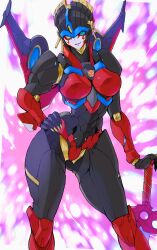 Rule 34 | 1girl, absurdres, autobot, blue eyes, breasts, flame toys, flame toys windblade, hand on own hip, highres, humanoid robot, kasaki yoshihiko, large breasts, lips, looking at viewer, mecha, mechanical wings, metal skin, one eye closed, parted lips, robot, robot girl, smile, solo, standing, sword, transformers, weapon, white background, windblade, wings