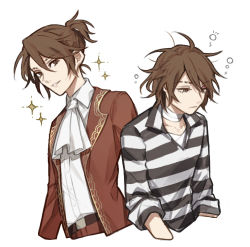 Rule 34 | 2boys, aged down, bad id, bad pixiv id, bandaged neck, bandages, belt, brown eyes, brown hair, collared shirt, formal, gloves, identity v, kouri (kyorosuukeeeeeee), long sleeves, luca balsa, male focus, messy hair, multiple boys, ponytail, popped collar, prison clothes, prisoner, shirt, short hair, simple background, smile, sparkle, striped clothes, striped shirt, white background