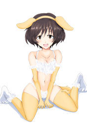 Rule 34 | 10s, 1girl, akiyama yukari, animal ears, blush, breasts, brown eyes, brown hair, cleavage, collarbone, dog ears, girls und panzer, highres, isosceles triangle (xyzxyzxyz), looking at viewer, medium breasts, navel, open mouth, simple background, sitting, smile, solo, thighhighs, white background