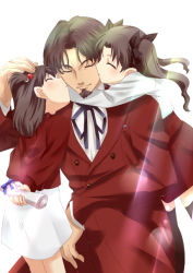 Rule 34 | 1boy, 2girls, blush, brown hair, kissing cheek, child, facial hair, family, fate/zero, fate (series), father and daughter, formal, girl sandwich, goatee, kiss, matou sakura, md5 mismatch, multiple girls, sandwiched, short twintails, suit, thighhighs, tohsaka rin, tohsaka tokiomi, tohsaka sakura, twintails, urako, aged down