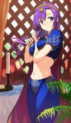 Rule 34 | 1girl, bad id, bad pixiv id, blouse, blue shirt, breasts, closed mouth, cowboy shot, day, earrings, fate/grand order, fate (series), holding, holding hair, indian clothes, jewelry, large breasts, long hair, looking at viewer, matou sakura, parvati (fate), purple eyes, purple hair, shirt, smile, solo, standing