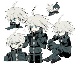 Rule 34 | 2boys, ahoge, android, armor, bad id, bad twitter id, black gloves, black legwear, black shirt, blue eyes, blush, boots, character sheet, chibi, clenched hands, closed eyes, closed mouth, colored skin, commentary, crossed ankles, d:, danganronpa (series), danganronpa v3: killing harmony, eyes visible through hair, flying sweatdrops, gloves, grey theme, hands on own knee, high collar, k1-b0, knee boots, looking to the side, male focus, multiple boys, multiple views, open mouth, power armor, saihara shuichi, shirt, silver hair, simple background, sitting, split mouth, taesok, teeth, upper body, upper teeth only, v-shaped eyes, white background, white skin