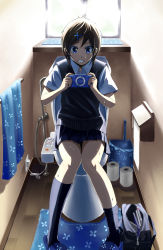 Rule 34 | 1girl, bag, black socks, blue eyes, bokuden, book, brown hair, clenched teeth, hair ornament, hairclip, handheld game console, indoors, original, playing games, playstation portable, pleated skirt, product placement, school bag, school uniform, short hair, short sleeves, sitting, skirt, slippers, socks, solo, sweat, sweater vest, teeth, toilet, toilet paper, towel, trash can