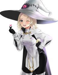 Rule 34 | 1girl, blonde hair, commission, commissioner upload, cosplay, eitri (fire emblem), eitri (fire emblem) (cosplay), fire emblem, fire emblem fates, fire emblem heroes, gloves, grey eyes, hand on own hip, hat, heart, highres, long hair, looking at viewer, nintendo, nolepsantuy, one eye closed, ophelia (fire emblem), solo, upper body, white background, witch hat