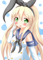 Rule 34 | 10s, 1girl, blonde hair, blush, elbow gloves, gloves, green eyes, hairband, highres, kantai collection, long hair, looking at viewer, open mouth, personification, shimakaze (kancolle), solo, white gloves, xenon (for achieve)