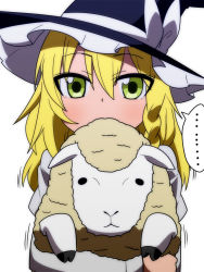 Rule 34 | ..., 1girl, akeome, animal, blonde hair, bow, braid, carrying, female focus, green eyes, hair between eyes, happy new year, hat, hat bow, jeno, kirisame marisa, long sleeves, looking at viewer, new year, pun, sheep, simple background, single braid, solo, touhou, trembling, upper body, white background, witch, witch hat