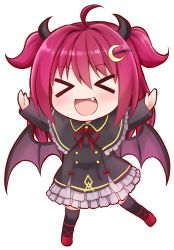 Rule 34 | &gt; &lt;, 1girl, :d, ahoge, black capelet, black dress, black thighhighs, capelet, chibi, closed eyes, crescent, crescent hair ornament, curled horns, demon girl, demon horns, demon wings, dress, facing viewer, fang, frilled capelet, frilled dress, frills, full body, hair between eyes, hair ornament, highres, horns, long hair, long sleeves, neck ribbon, nichika (nitikapo), nijisanji, open mouth, outstretched arms, purple hair, purple wings, red footwear, red ribbon, ribbon, shoes, simple background, sleeves past wrists, smile, solo, thighhighs, transparent background, two side up, virtual youtuber, white background, wings, xd, yuzuki roa