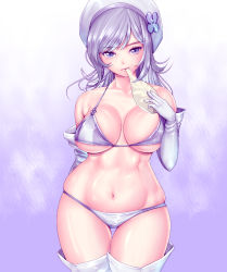 Rule 34 | 10s, 1girl, aila jyrkiainen, bad id, bad pixiv id, baozi, bare shoulders, bikini, boots, breasts, curvy, elbow gloves, food, gloves, gundam, gundam build fighters, harihisa, hat, large breasts, long hair, looking at viewer, mouth hold, navel, purple background, purple bikini, purple eyes, silver hair, skindentation, solo, swimsuit, thigh boots, thigh gap, thighhighs, thighs, white gloves, white thighhighs, wide hips