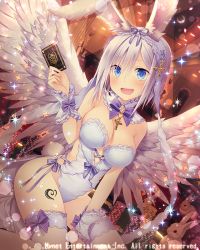 Rule 34 | 1girl, angel wings, animal ears, armpits, black gloves, blue bow, blue eyes, blush, bow, breasts, card, cleavage, collar, cross, cross necklace, fake animal ears, fake tail, falkyrie no monshou, gloves, holding, holding card, jewelry, large breasts, looking at viewer, natsumekinoko, necklace, official art, open mouth, rabbit ears, rabbit tail, short hair, silver hair, smile, solo, tail, teeth, thighhighs, white thighhighs, wings