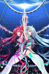 Rule 34 | 2girls, ahoge, arm up, armpits, asymmetrical gloves, black gloves, blue hair, breasts, gloves, glowstick, hair ornament, hexagon, highres, hinabita, hopper, long hair, looking at viewer, medium breasts, microphone, midriff, multiple girls, open mouth, outstretched arm, red eyes, red hair, shinonome kokona, shinonome natsuhi, siblings, sisters, sky, sound voltex, stage, tagme, twins, twintails, uneven gloves, very long hair