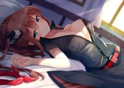 Rule 34 | 10s, 1girl, bed, bed sheet, belt, belt buckle, black shirt, black skirt, blue eyes, breast pocket, breasts, buckle, buttons, cleavage, closed mouth, commentary request, curtains, dutch angle, from side, hand on own chest, hat, igayan, indoors, kantai collection, kerchief, large breasts, light rays, long skirt, looking at viewer, looking down, lying, mini hat, no bra, on back, on bed, one side up, open clothes, open shirt, partially unbuttoned, picture frame, pocket, red ribbon, ribbon, saratoga (kancolle), saratoga mk ii (kancolle), shirt, short sleeves, skirt, smile, solo, sunbeam, sunlight, window