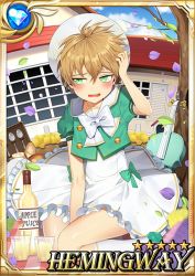 Rule 34 | 1boy, aged down, angry, blonde hair, blue eyes, blush, carchet, card (medium), character name, child, crossdressing, day, dress, embarrassed, hair between eyes, hat, hemingway (sid story), looking away, looking to the side, male focus, outdoors, sid story, sky, solo, trap, white dress