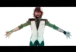 Rule 34 | 10s, 1boy, brown hair, cabbie hat, closed eyes, facial hair, fangs, hat, kaburagi t. kotetsu, laughing, letterboxed, male focus, necktie, outstretched arms, short hair, solo, stubble, tiger &amp; bunny, vest, waistcoat, warakusa, watch, wristwatch