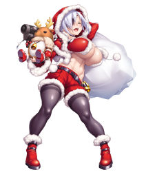 Rule 34 | 1girl, absurdres, aina winchester, boots, breasts, christmas, cleavage, eyepatch, closed eyes, full body, highres, large breasts, open mouth, potion (moudamepo), short hair, silver hair, smile, solo, standing, taimanin (series), taimanin rpgx