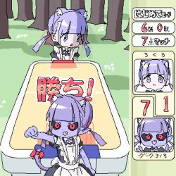 Rule 34 | air hockey, air hockey table, animal ear fluff, animal ears, apron, black sclera, blunt bangs, colored sclera, colored skin, dark lokulo-chan, double v, fake animal ears, gamepack air hockey, lokulo-chan (lokulo no mawashimono), lokulo no mawashimono, low twintails, lowres, maid, maid apron, original, purple eyes, purple hair, purple skin, red eyes, twintails, v