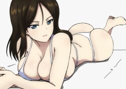 Rule 34 | 1girl, ass, bikini, black hair, blue eyes, breasts, bukkuri, cleavage, commentary request, feet up, girls und panzer, large breasts, looking at viewer, lying, nonna (girls und panzer), on stomach, parted lips, smile, solo, swimsuit, the pose, white bikini