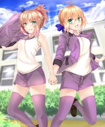 Rule 34 | 2girls, absurdres, ahoge, alternate costume, artoria pendragon (all), artoria pendragon (fate), blonde hair, blue sky, blush, breasts, building, bush, cloud, day, fate/apocrypha, fate/grand order, fate/stay night, fate (series), green eyes, gu li, holding hands, highres, holding, jacket, loafers, medium breasts, mordred (fate), mordred (fate/apocrypha), mother and daughter, multiple girls, necktie, ponytail, saber (fate), shoes, shorts, sky, sleeves rolled up, smile, thighhighs, thighs