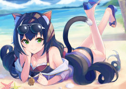 Rule 34 | 1girl, animal ear fluff, animal ears, ass, bare legs, bare shoulders, beach, bikini, black bikini, black hair, blush, breasts, cat ears, cat girl, cat tail, cleavage, closed mouth, collarbone, day, eyewear on head, feet up, full body, green eyes, hair intakes, highres, jacket, karyl (princess connect!), karyl (summer) (princess connect!), long hair, long sleeves, looking at viewer, low twintails, lying, medium breasts, multicolored hair, ocean, off shoulder, on stomach, outdoors, princess connect!, purple jacket, sandals, shimon (31426784), smile, solo, starfish, streaked hair, sunglasses, swimsuit, tail, twintails, very long hair, water, white-framed eyewear, white hair