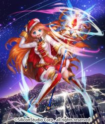 Rule 34 | 1girl, blue eyes, boots, company name, gyakushuu no fantasica, hat, long hair, night, night sky, official art, open mouth, orange hair, sky, solo, staff, star (sky), teeth, thigh boots, thighhighs, yamagishi chihiro
