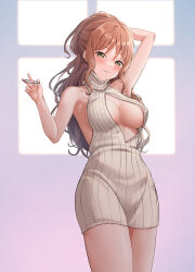 Rule 34 | 1girl, absurdres, areola slip, arm behind head, arm up, armpits, bang dream!, bare arms, bare shoulders, blush, breasts, brown hair, cleavage cutout, closed mouth, clothing cutout, commentary request, covered erect nipples, cowboy shot, dress, earrings, gradient background, green eyes, hair between eyes, hair tie, half updo, halterneck, hand up, head tilt, highres, holding, imai lisa, jewelry, long hair, looking at viewer, medium breasts, meme attire, no bra, ptal, purple background, rabbit earrings, ribbed sweater, sideboob, sidelocks, smile, solo, standing, sweater, sweater dress, turtleneck, turtleneck sweater, tying hair, virgin killer sweater, white sweater, window shadow