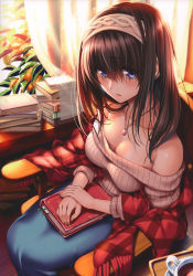 Rule 34 | 1girl, absurdres, black hair, blue eyes, blue skirt, book, book on lap, breasts, cleavage, collarbone, grey sweater, hair between eyes, hairband, highres, idolmaster, idolmaster cinderella girls, indoors, jewelry, large breasts, long hair, long skirt, looking at viewer, necklace, off shoulder, open mouth, piromizu, sagisawa fumika, shiny skin, sitting, skirt, solo, striped, sweater, vertical stripes, white hairband