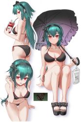 Rule 34 | + +, 1girl, arm support, ass, back, bare arms, bare shoulders, bianca (black survival), bikini, black bikini, black survival, blood, blood bag, breasts, cleavage, closed mouth, collarbone, covered erect nipples, dano, dimples of venus, eternal return: black survival, expressionless, from behind, frown, green hair, hairband, halterneck, halterneck, hand up, highres, holding, large breasts, leaning forward, long hair, looking at viewer, multiple views, nail polish, navel, o-ring, o-ring bikini, open mouth, profile, red eyes, sandals, side-tie bikini bottom, sitting, stomach, string bikini, sweatdrop, swimsuit, symbol-shaped pupils, thigh gap, thighs, umbrella, wavy mouth