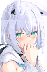Rule 34 | 1girl, amaner, animal ears, braid, commentary request, fox ears, fox girl, green eyes, hair between eyes, highres, hololive, looking at viewer, shirakami fubuki, shirakami fubuki (1st costume), short hair, simple background, single braid, solo, upper body, virtual youtuber, white background, white hair