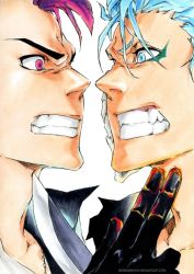 Rule 34 | 2boys, arrancar, bazz-b, bleach, blue eyes, blue hair, clenched teeth, eye contact, facial mark, gloves, grimmjow jaegerjaquez, looking at another, multiple boys, pink eyes, pink hair, quincy (bleach), sideburn004, sword, teeth, weapon