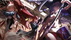 Rule 34 | 3girls, :d, absurdres, braid, breasts, chainsaw man, cleavage, goddess of victory: nikke, gun, hair between eyes, hat, highres, holding, holding gun, holding sword, holding weapon, horns, kanashi kumo, katana, large breasts, looking at viewer, makima (chainsaw man), medium breasts, multiple girls, necktie, open mouth, orange eyes, power (chainsaw man), purple eyes, purple hair, red hair, rocket launcher, scarlet (nikke), smile, sword, teeth, weapon, yellow eyes