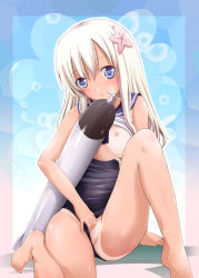 Rule 34 | 10s, 1girl, :o, arino hiroshi, bare shoulders, barefoot, blonde hair, blush, clothes lift, clothing aside, crop top, flat chest, flower, hair flower, hair ornament, highres, kantai collection, long hair, nipples, one-piece swimsuit, one-piece tan, open mouth, partially visible vulva, purple eyes, ro-500 (kancolle), school swimsuit, school uniform, serafuku, shirt lift, sleeveless, solo, swimsuit, swimsuit aside, tan, tanline, torpedo