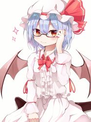 Rule 34 | 1girl, adjusting eyewear, arm ribbon, bat wings, bespectacled, between legs, black pantyhose, blouse, blue hair, bow, bowtie, commentary, commentary request, embellished costume, fang, frilled shirt, frills, glasses, hair between eyes, hand between legs, hand on eyewear, hat, hat ribbon, highres, iyo (ya na kanji), long sleeves, looking at viewer, mob cap, pantyhose, parted bangs, red bow, red bowtie, red eyes, red ribbon, remilia scarlet, ribbon, semi-rimless eyewear, shirt, short hair, simple background, sitting, skirt, skirt set, slit pupils, smile, solo, sparkle, symbol-only commentary, touhou, under-rim eyewear, wariza, white background, white hat, white shirt, white skirt, wings