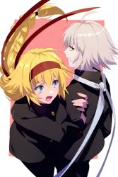 Rule 34 | 2girls, ahoge, alternate costume, black jacket, black pants, blonde hair, blue eyes, blush, braid, braided ponytail, buttons, commentary request, echo (circa), fate/grand order, fate (series), gakuran, grey hair, headband, holding another&#039;s arm, jacket, jeanne d&#039;arc (fate), jeanne d&#039;arc alter (fate), long hair, looking at another, multiple girls, open mouth, pants, red headband, school uniform, short hair, smile, teeth, twitter username, uniform, very long hair, yellow eyes