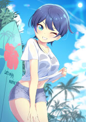 Rule 34 | 1girl, absurdres, aqua eyes, bikini, bikini under clothes, black bikini, blue hair, blue shorts, blue sky, blush, breasts, cloud, collarbone, commentary request, day, denim, denim shorts, fangs, grin, hand on own thigh, highres, jewelry, large breasts, looking at viewer, mole, mole under eye, navel, necklace, one eye closed, original, outdoors, palm tree, sakamata (sakamata4), shirt, short hair, short shorts, shorts, sky, smile, solo, sun, surfboard, swimsuit, t-shirt, tree, wet, wet clothes, wet shirt, white shirt