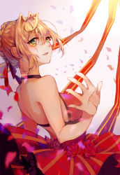 Rule 34 | 10s, 1girl, absurdres, ahoge, bad anatomy, bare shoulders, blonde hair, braid, fate/extra, fate (series), flower, french braid, green eyes, hair ribbon, highres, looking at viewer, nero claudius (fate), nero claudius (fate) (all), nero claudius (fate/extra), official alternate costume, open mouth, petals, red flower, red ribbon, red rose, red skirt, ribbon, rose, short hair, skirt, smile, solo, sqbillfish