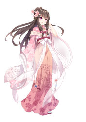 Rule 34 | 1girl, :d, blush, brown hair, chihong de tianshi, chinese clothes, floral print, flower, full body, hair flower, hair ornament, half updo, hand up, highres, long hair, long sleeves, obi, open mouth, original, pink flower, purple eyes, sash, see-through, sidelocks, simple background, sleeves past fingers, sleeves past wrists, smile, solo, standing, very long hair, white background, white footwear, wide sleeves