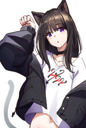 Rule 34 | 1girl, animal ear fluff, animal ears, black choker, black hair, black jacket, black nails, cat ears, cat tail, choker, commentary, expressionless, hair between eyes, hand up, head tilt, hyoe (hachiechi), inoue takina, jacket, light blush, long hair, looking at viewer, lycoris recoil, nail polish, open clothes, open jacket, paw pose, purple eyes, shirt, simple background, solo, straight hair, tail, upper body, white background, white shirt