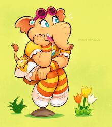 Rule 34 | 1girl, absurdres, artist name, commentary, commission, dress, earrings, elephant daisy, english commentary, eyewear on head, flower, flower earrings, full body, highres, jewelry, mario (series), nintendo, open mouth, orange flower, orange thighhighs, orange wristband, princess daisy, round eyewear, second-party source, shoes, short sleeves, sitting, solo, striped clothes, striped thighhighs, sunglasses, super mario bros. wonder, thighhighs, vinny (dingitydingus), white flower, white footwear, yellow background, yellow dress, yellow flower