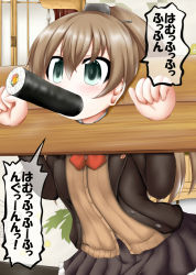Rule 34 | 1girl, ascot, brown hair, brown jacket, brown skirt, cardigan, commentary request, cowboy shot, ehoumaki, food, green eyes, hair ornament, hairclip, high ponytail, jacket, kantai collection, kumano (kancolle), long hair, makizushi, mouth hold, orange cardigan, ouno (nounai disintegration), pillory, pleated skirt, ponytail, remodel (kantai collection), school uniform, skirt, solo, sushi, translation request