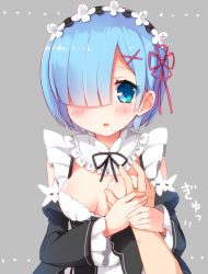 Rule 34 | 10s, 1girl, blue eyes, blue hair, blush, grabbing another&#039;s breast, breasts, cleavage, detached collar, detached sleeves, dress, frilled sleeves, frills, grabbing, grey background, guided breast grab, guiding hand, hair ornament, hair over one eye, karaage3, looking at viewer, maid, maid headdress, medium breasts, open mouth, re:zero kara hajimeru isekai seikatsu, rem (re:zero), ribbon-trimmed sleeves, ribbon trim, short hair, simple background, solo focus, upper body, x hair ornament