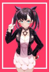 Rule 34 | 1girl, black hair, black jacket, blue eyes, blush, breasts, cleavage, collar, collarbone, cowboy shot, creatures (company), dress, game freak, hair ribbon, hand on own hip, hand up, highres, holding, holding poke ball, index finger raised, jacket, long hair, looking at viewer, marnie (pokemon), medium breasts, niji (rudduf232), nintendo, open clothes, open jacket, pink dress, poke ball, poke ball (basic), pokemon, pokemon swsh, red background, ribbon, smile, solo