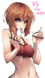 Rule 34 | 1girl, absurdres, bra, breasts, brown eyes, brown hair, closed mouth, commentary, frilled bra, frills, girls und panzer, hair tie, highres, holding hair tie, light blush, looking at viewer, medium breasts, navel, nishizumi miho, red bra, rubber day, sattinittas, short hair, simple background, smile, solo, standing, translated, underwear, underwear only, upper body, white background