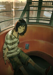 Rule 34 | 1girl, absurdres, bandaid, bandaid on arm, bandaid on leg, black hair, black nails, cellphone, cityscape, clenched teeth, collarbone, commentary, ferris wheel, film grain, highres, indoors, jewelry, looking at viewer, matsuura kento, nail polish, necklace, original, phone, red footwear, ring, shirt, short hair, short sleeves, shorts, sitting, smartphone, smile, socks, solo, striped clothes, striped shirt, teeth, white socks