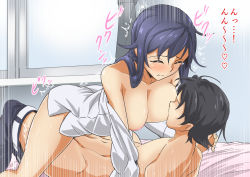 Rule 34 | 1boy, 1girl, bad id, bad pixiv id, black hair, blue hair, bottomless, breast sucking, breasts, clothes pull, condom, cowgirl position, dress shirt, closed eyes, faceless, faceless male, girl on top, holding hands, hanging breasts, hetero, interlocked fingers, large breasts, long hair, lying, nipples, off shoulder, on back, open mouth, original, pants, pants pull, purple hair, sex, shirt, short hair, straddling, tears, text focus, translation request, yuuichi (reductionblack)