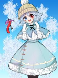 Rule 34 | 1girl, alternate costume, arms up, black pantyhose, blue background, blue eyes, blue hair, blue skirt, capelet, commentary, commentary request, feet out of frame, fur-trimmed capelet, fur-trimmed skirt, fur trim, gradient background, head tilt, heterochromia, highres, karakasa obake, kayon (touzoku), knit hat, long sleeves, looking at viewer, mittens, open mouth, pantyhose, partial commentary, red eyes, shirt, short hair, skirt, snowflake background, snowflakes, solo, standing, symbol-only commentary, tatara kogasa, touhou, umbrella, white headwear, white mittens, white shirt