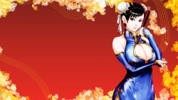 Rule 34 | 1girl, bare shoulders, black eyes, black hair, breasts, bridal gauntlets, bun cover, capcom, china dress, chinese clothes, chun-li, cleavage, cleavage cutout, clothing cutout, contrapposto, curvy, detached sleeves, double bun, dress, earrings, eyeshadow, fingernails, folded fan, folding fan, hand fan, highres, huge breasts, jewelry, lips, lipstick, makeup, nail, side slit, solo, standing, street fighter, usatarou, wallpaper