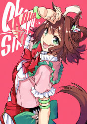 Rule 34 | 1girl, absurdres, ahoge, akaya shiki, animal ears, arm up, artist name, blush, breasts, brown hair, clenched hand, commentary request, green eyes, hair between eyes, hair ornament, highres, horse ears, horse girl, horse tail, medium breasts, open mouth, pink background, rhein kraft (umamusume), ribbon, simple background, smile, tail, umamusume