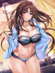 Rule 34 | 1girl, belly, blue bra, blue panties, blue shirt, blush, bow, bow bra, bow panties, bra, breasts, brown hair, cleavage, closed mouth, cloud, cloudy sky, collarbone, commentary request, cowboy shot, cup, curtains, curvy, dutch angle, evening, hair intakes, half-closed eyes, head tilt, highleg, highleg panties, hip focus, lace, lace-trimmed bra, lace-trimmed panties, lace trim, large breasts, lens flare, lips, long hair, looking at viewer, low ponytail, mole, mole under eye, navel, open clothes, open shirt, original, panties, parted bangs, polka dot, ponytail, purple eyes, revision, ribbon-trimmed bra, ribbon-trimmed panties, shirt, sky, smile, solo, sparkle, standing, stomach, thigh gap, twilight, underwear, window, yanyo (ogino atsuki)