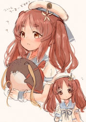 Rule 34 | 1girl, alternate hairstyle, blue sailor collar, bokukawauso, brown eyes, brown hair, commentary request, gloves, grey background, hat, kantai collection, long hair, multiple views, otter, puffy short sleeves, puffy sleeves, sailor collar, sailor hat, sailor shirt, shirt, short sleeves, simple background, translation request, twintails, upper body, wavy hair, white gloves, white headwear, white shirt, wss (nicoseiga19993411), yashiro (kancolle)