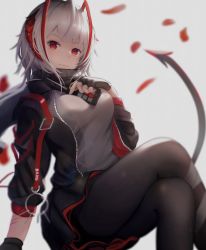Rule 34 | 1girl, arknights, black gloves, black jacket, black pantyhose, black scarf, black skirt, blush, breasts, commentary, crossed legs, feet out of frame, fingerless gloves, gloves, grey background, grey shirt, highres, horns, jacket, laozhanshi, large breasts, looking at viewer, md5 mismatch, miniskirt, open clothes, open jacket, pantyhose, red eyes, resolution mismatch, scarf, shirt, short hair, silver hair, simple background, skirt, smile, solo, source smaller, tail, thighs, w (arknights)