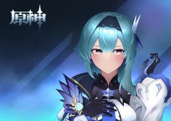 Rule 34 | 1girl, absurdres, blue hair, blunt bangs, brown eyes, cape, commentary request, copyright name, eula (genshin impact), genshin impact, gradient background, hair between eyes, hair ornament, hairband, hand on own chest, highres, logo, long hair, looking at viewer, looking away, looking to the side, necktie, sidelocks, smile, solo, two-tone gloves, vision (genshin impact), wide sleeves, yuking